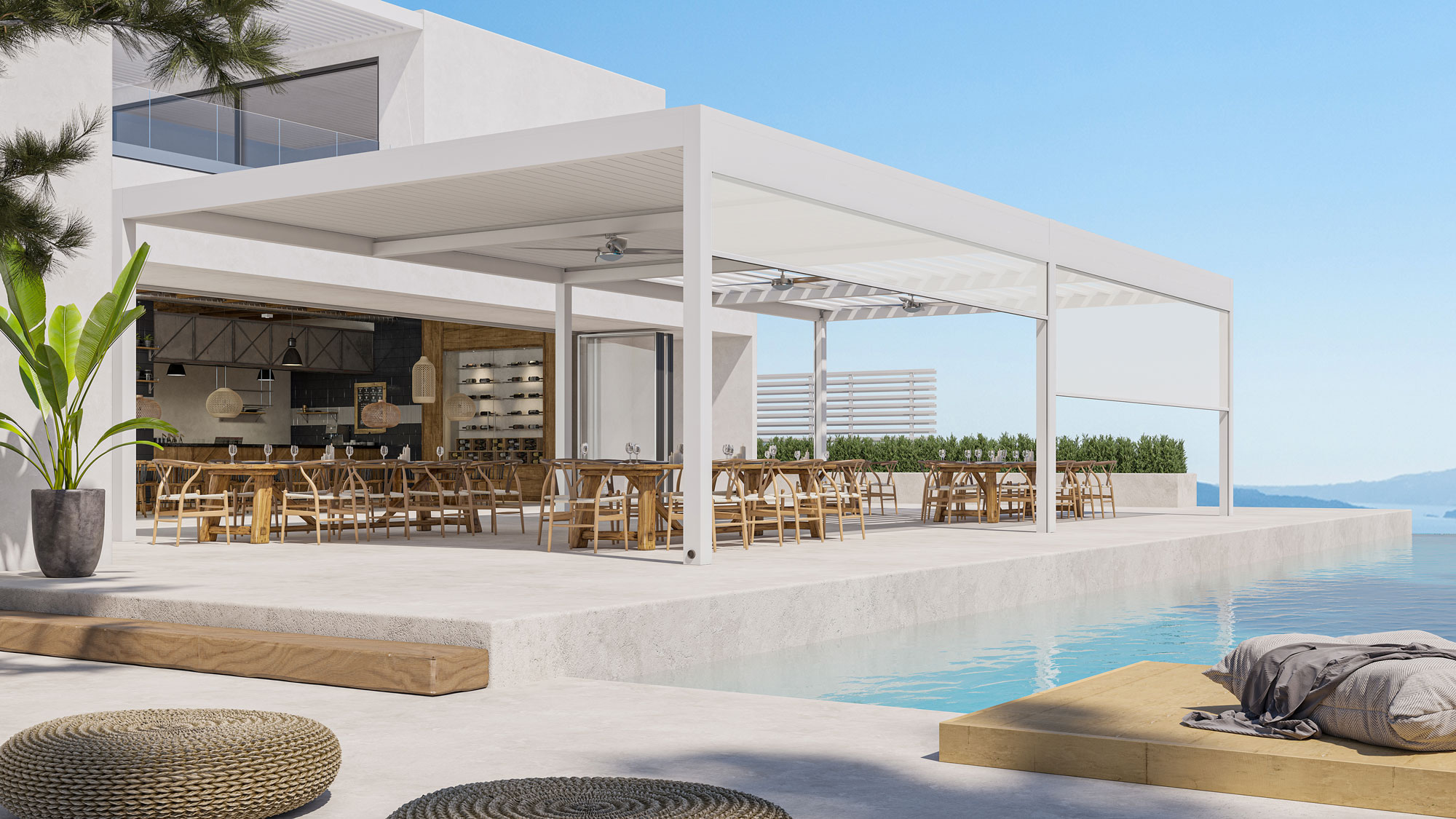 Render di un locale lussuoso con pergola bioclimatica bianca.