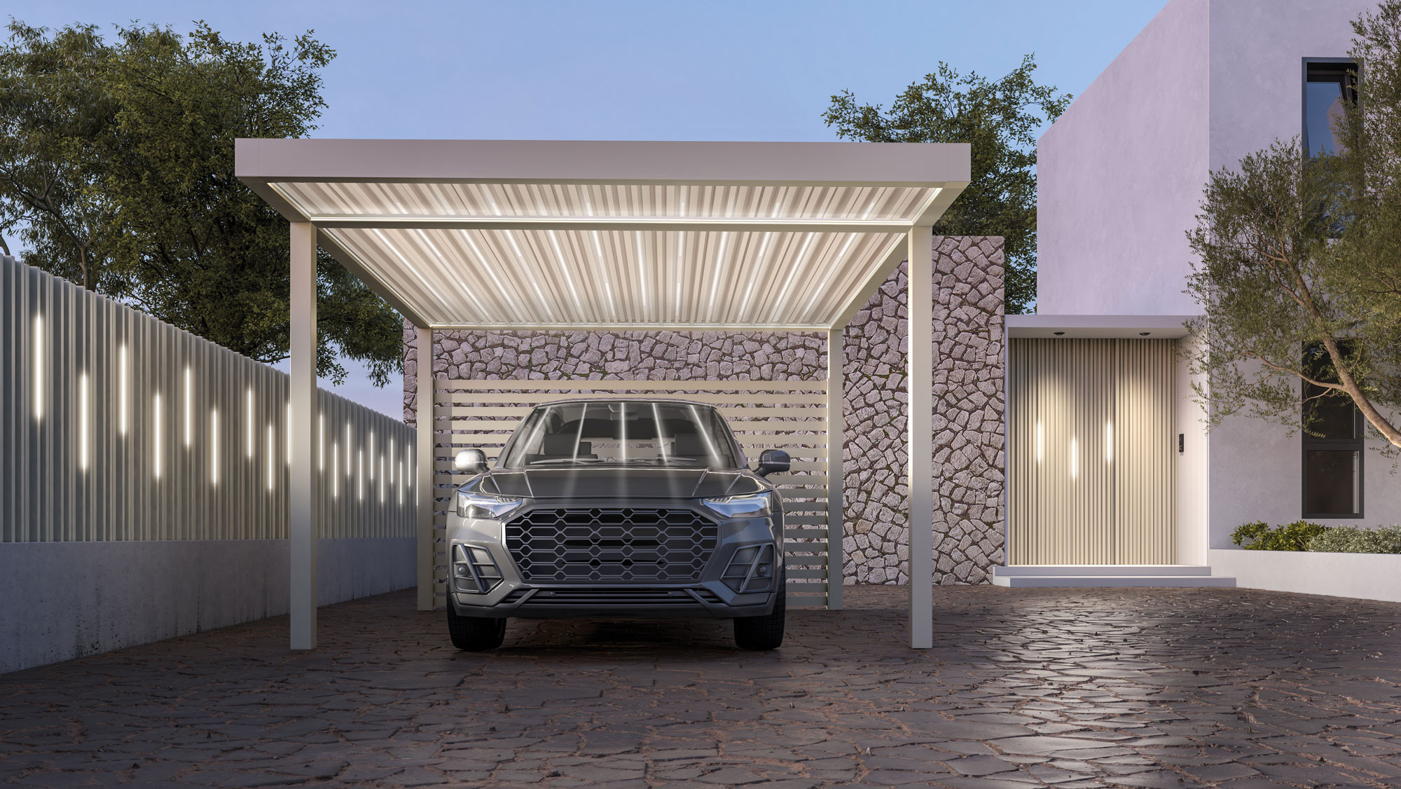 Casa moderna di lusso con un carport per auto illuminato.